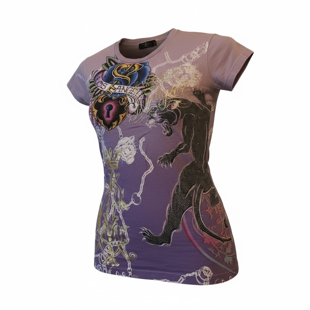 Y2K Christian Audigier Rhinestone Graphic Shirt - Purple